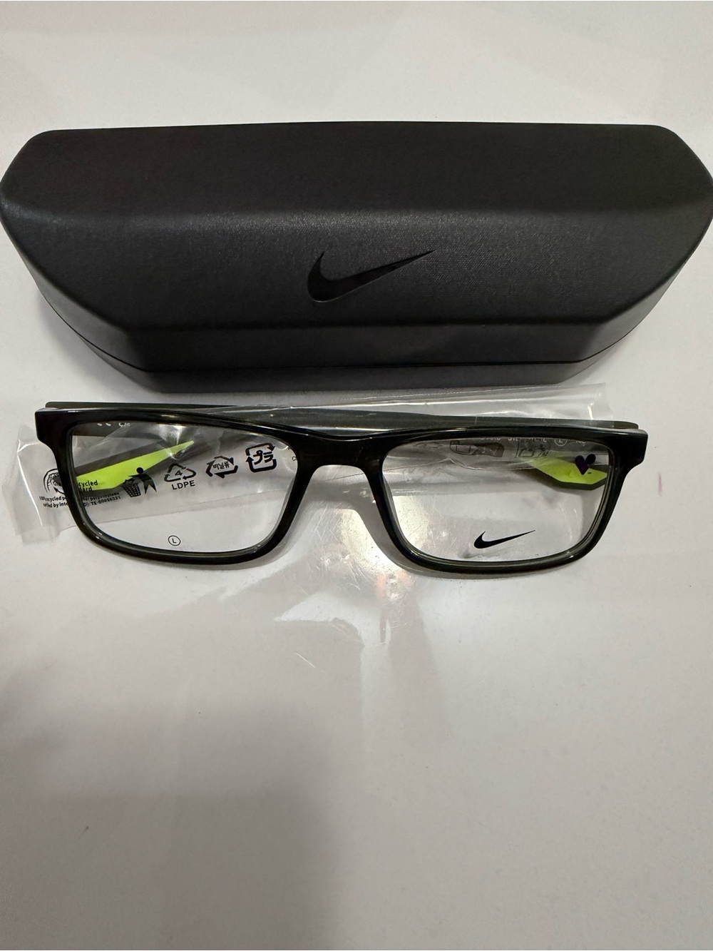 Nike Black Rectangular Eyeglass Frames with Lime Green Temples
